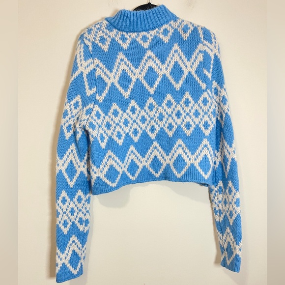 LA Hearts Womens Sweater Size Medium Blue and White Knit Diamond Lace Up Crop - Picture 7 of 10